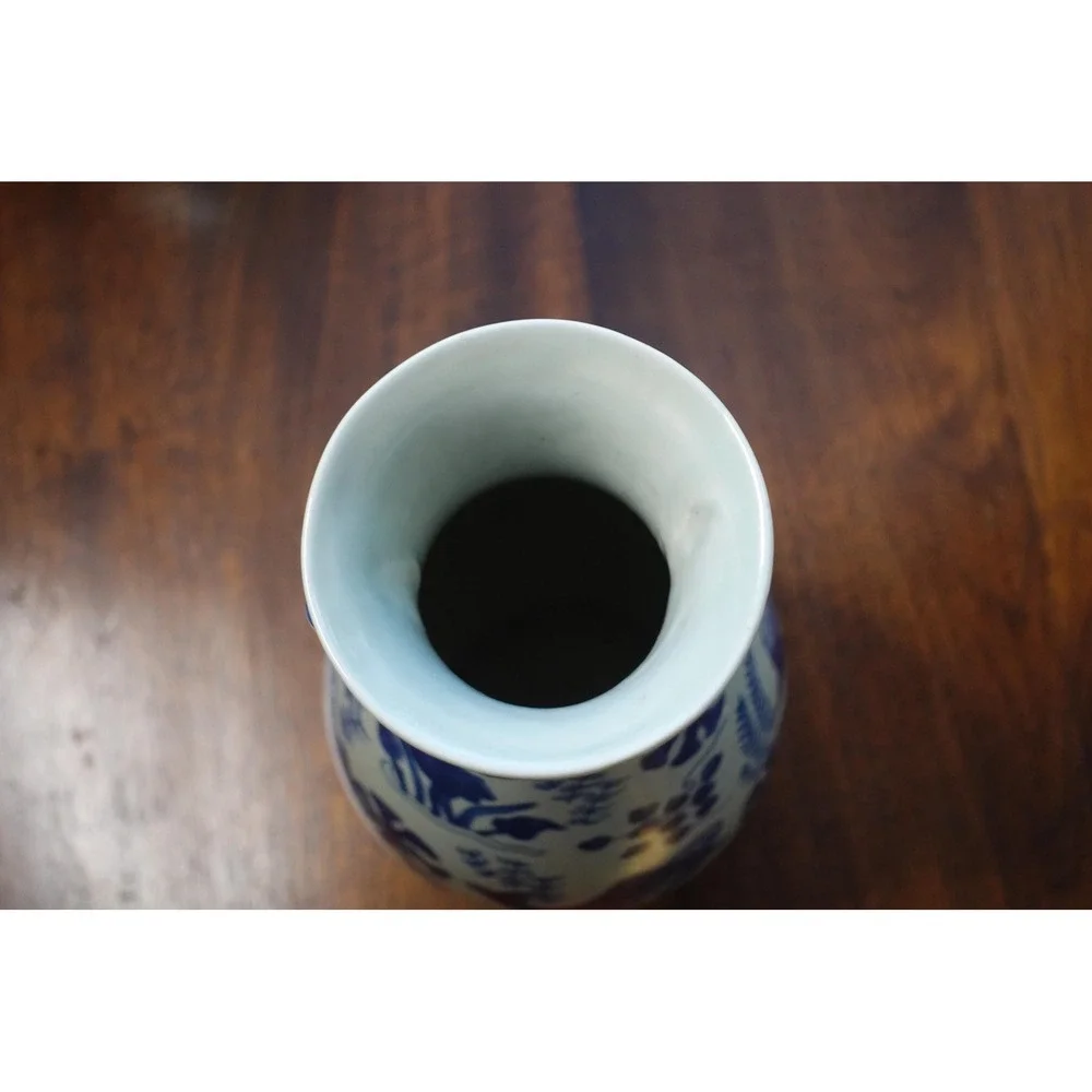 Blue and White Chinoiserie Fish Motif Ceramic‎ Vase with Handles 11 Inch Tall